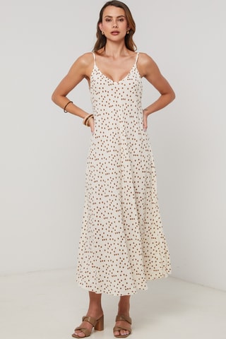 Vestido midi de lino sin mangas - Beige