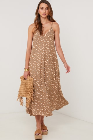 Vestido midi de lino sin mangas - Camel