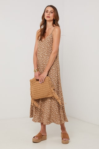 Vestido midi de lino sin mangas - Camel