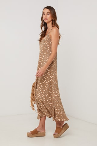 Vestido midi de lino sin mangas - Camel
