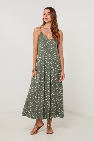 Vestido midi de lino sin mangas - Caqui