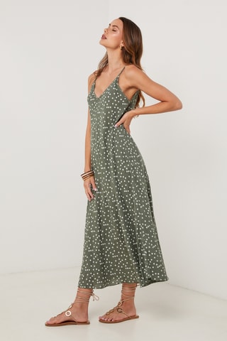 Vestido midi de lino sin mangas - Caqui