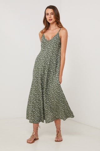 Vestido midi de lino sin mangas - Caqui