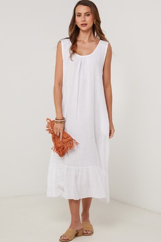 Vestido midi de lino sin mangas - Blanco