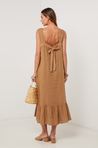 Vestido midi de lino sin mangas - Camel
