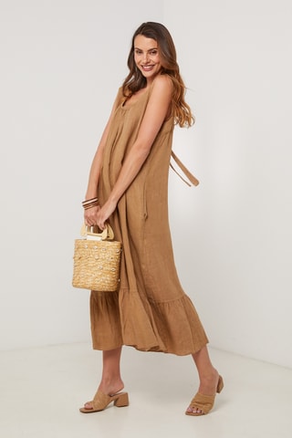 Vestido midi de lino sin mangas - Camel