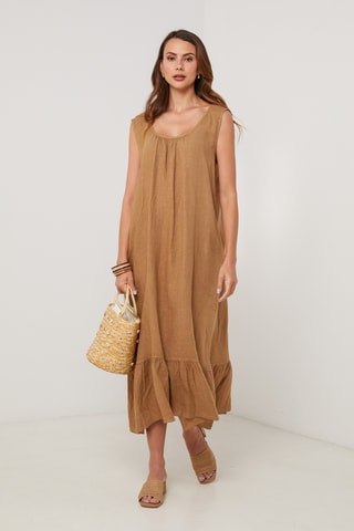 Vestido midi de lino sin mangas - Camel