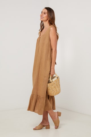 Vestido midi de lino sin mangas - Camel