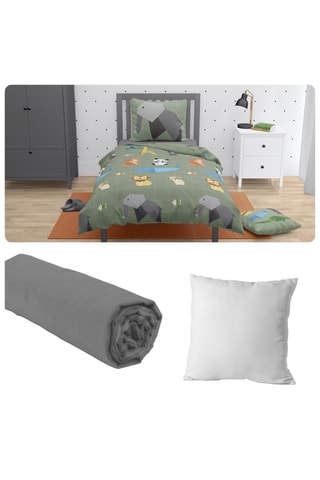 Parure de couette et drap housse en coton 57 fils/cm² avec oreiller Origatoon - Kaki et gris