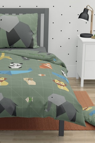 Parure de couette et drap housse en coton 57 fils/cm² avec oreiller Origatoon - Kaki et gris