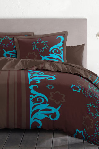 Parure de couette en coton 57 fils/cm² Arabesque - Marron foncé et turquoise