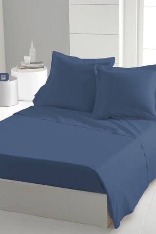 2 draps-plats en coton 75 fils/cm² - Bleu et beige foncé