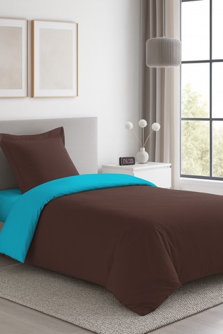 Housse de couette réversible en coton - 57 fils/cm² - Chocolat et turquoise