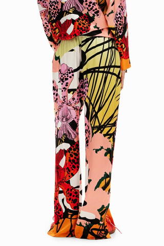 Pantalon regular taille haute en soie - Jaune et corail