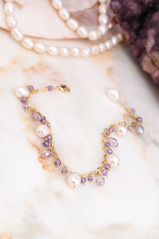 Bracelet - Plaqué or jaune, améthystes et perles de culture