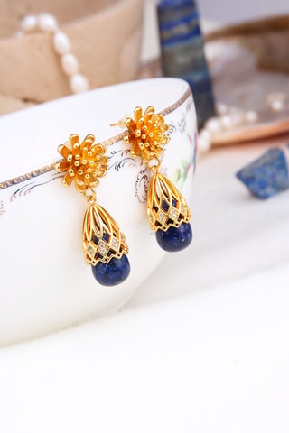 Boucles d'oreilles dorées à l'or fin jaune - Lapis-lazuli et zircons
