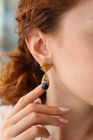 Boucles d'oreilles dorées à l'or fin jaune - Lapis-lazuli et zircons