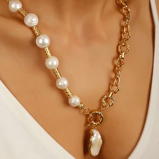 Ketting - messing doublé goud en witte parels