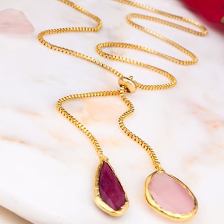 Collier - Laiton plaqué or agate & quartz