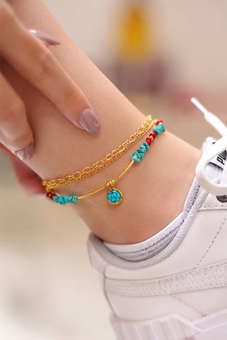 Chaîne de cheville - Turquoises et corail 