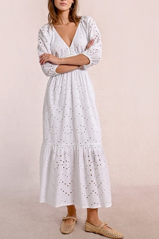 Vestido largo con bordado inglés - Blanco