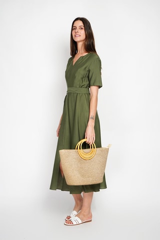 Vestido evasé de lino - Caqui