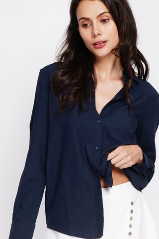 Camisa regular fit de lino - Azul marino