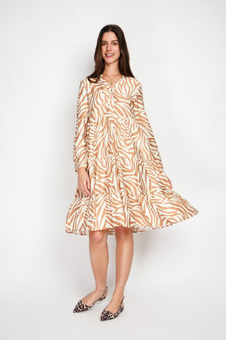 Vestido midi en lino - Blanco y beige