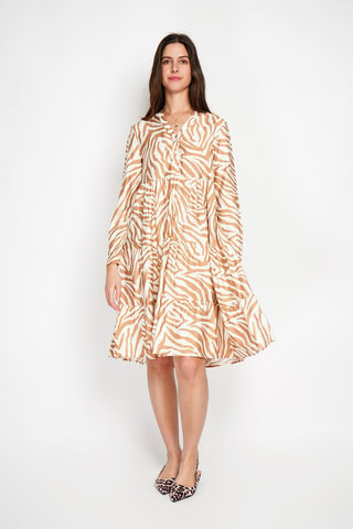 Vestido midi en lino - Blanco y beige