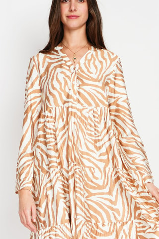 Vestido midi en lino - Blanco y beige