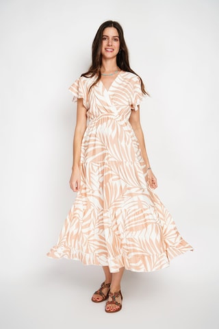 Vestido midi en lino - Blanco y beige