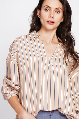 Túnica de lino - Blanco, beige y azul