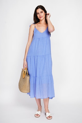 Vestido evasé de lino - Azul