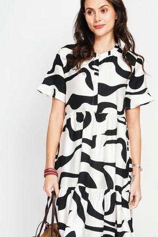 Vestido midi en lino - Blanco y negro