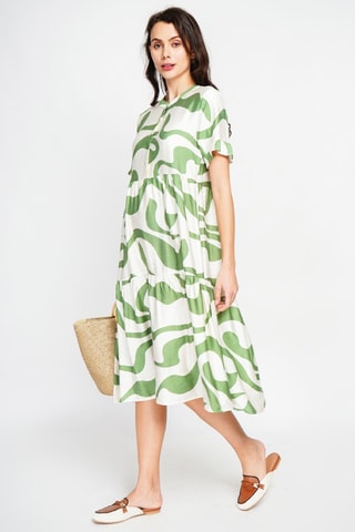 Vestido midi en lino - Blanco y verde