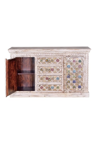 Buffet 2 portes en manguier, bronze et céramique - 150 x 90 x 40 cm
