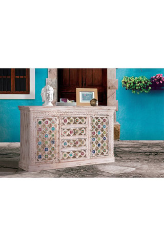 Buffet 2 portes en manguier, bronze et céramique - 150 x 90 x 40 cm