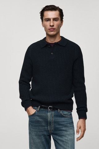 Pull-over col polo maille côtelée - Bleu marine