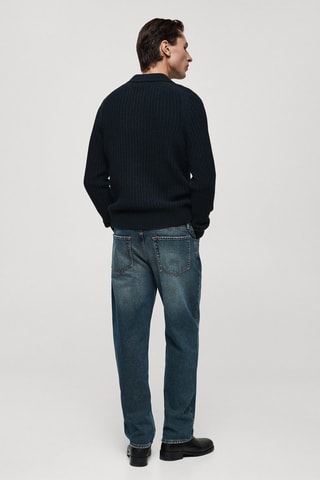 Pull-over col polo maille côtelée - Bleu marine