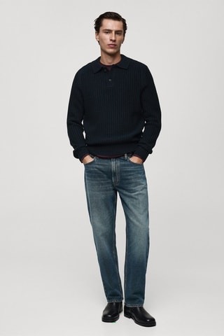 Pull-over col polo maille côtelée - Bleu marine