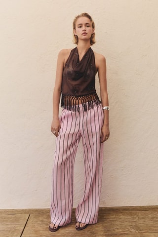 Pantalon en ramie à rayures - Rose