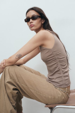 Top maille bretelles asymétriques - Beige