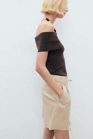 Short lin ceinture à nœud - Beige