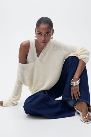 Pull-over maille col en V - Blanc