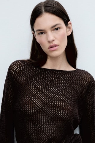 Pull coton maille ajourée - Marron