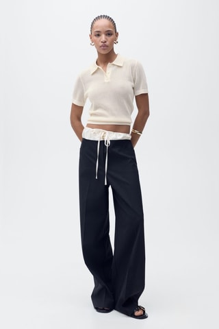 Pull-over maille ajourée col polo - Blanc