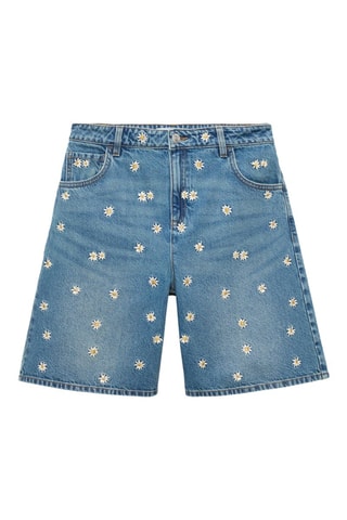 Bermuda en jean broderie florale - Bleu