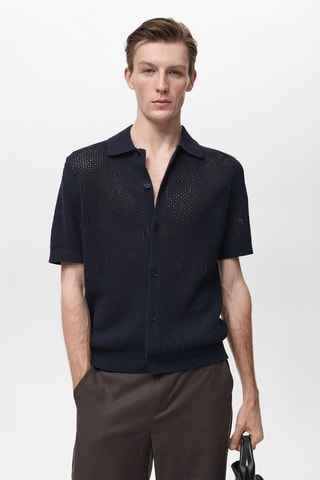 Chemise coton maille ajourée - Bleu marine