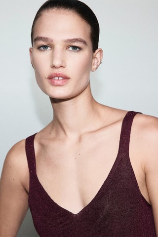 Top maille Lurex col en V - Bordeaux