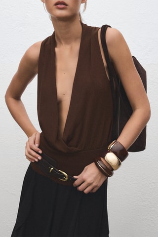 Top maille col V - Marron